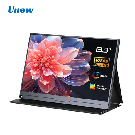 Unew 13.3 inch Portable Monitor HD 1920x1080 FHD Sceond Display with Magnetic Cover MINI HDMI 2 Type-C VESA for Laptop Gaming